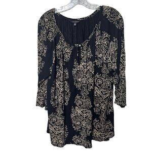 Lucky Brand Boho Peasant Top Size 1X Black Damask Viscose  Festival Comfy Floral